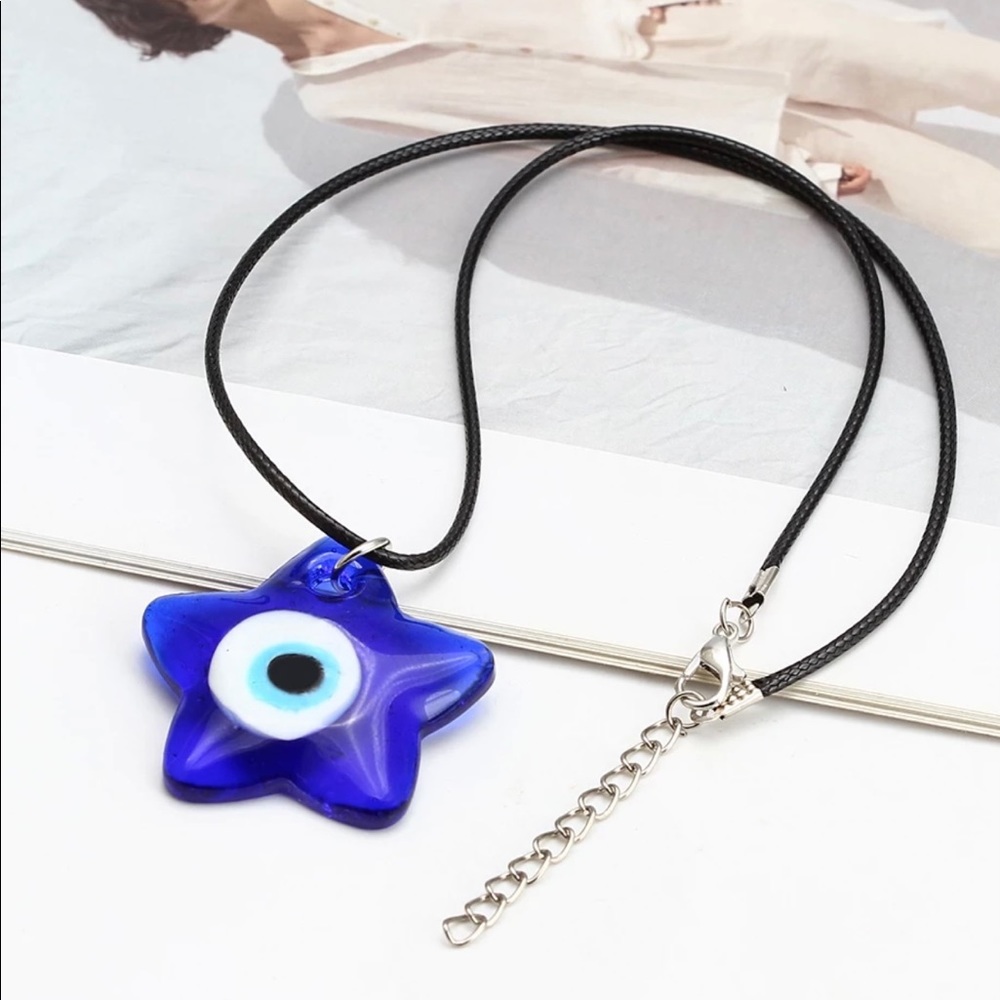 EVIL EYE Heart Star Round Pendant Necklace Long Leather Chain